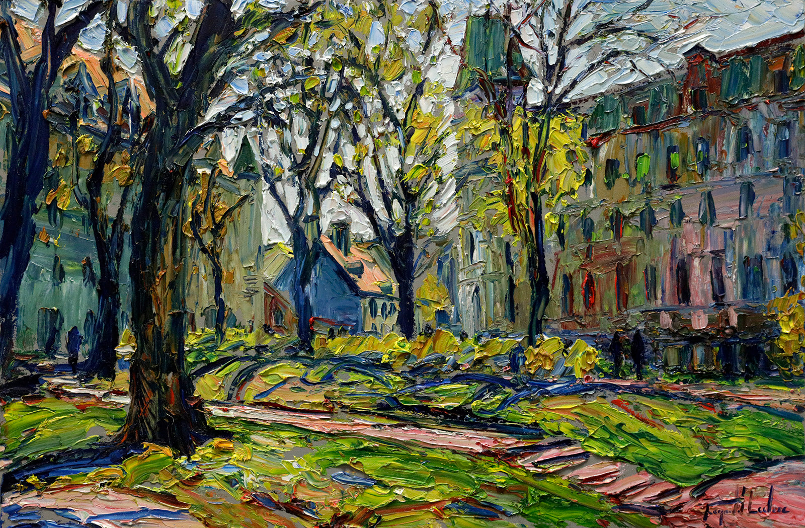 Cityscape “Place Des Arms, Vieux Quebec” by Raynald Leclerc – oil on canvas.