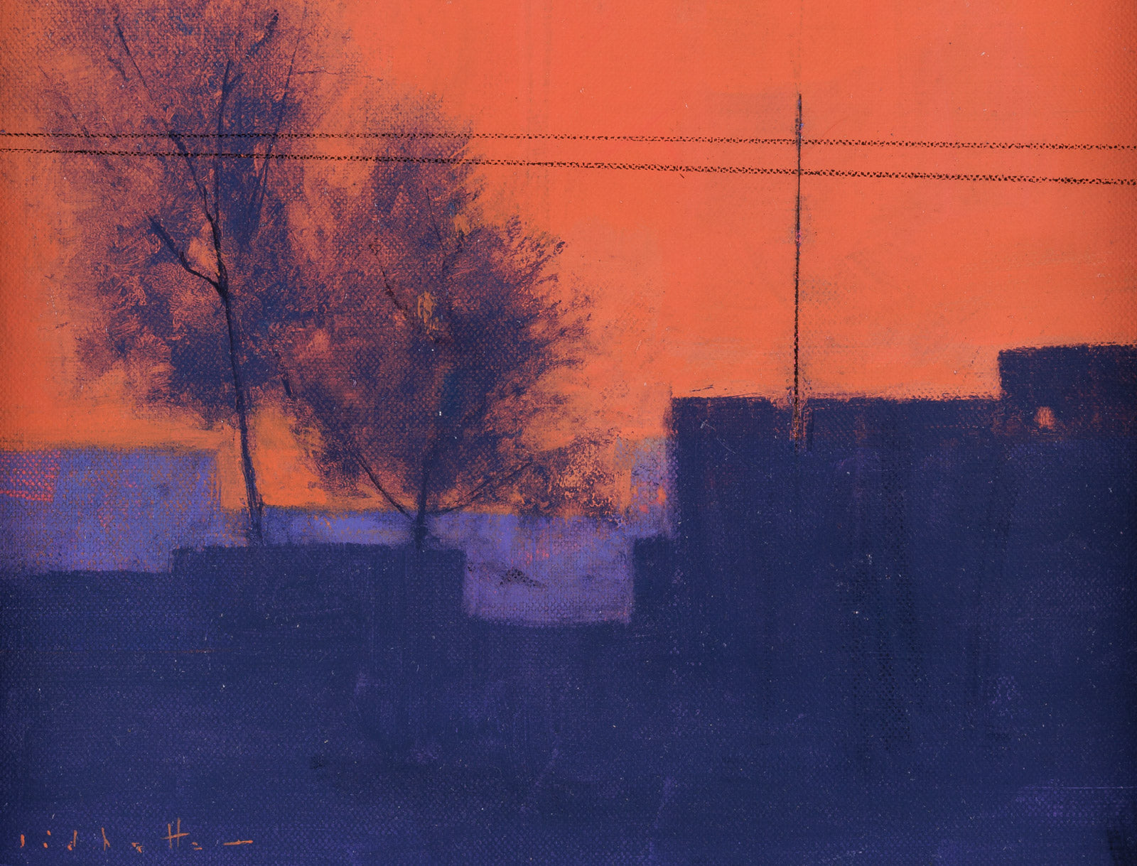 Artistic depiction of trees and buildings against an orange and purple sky