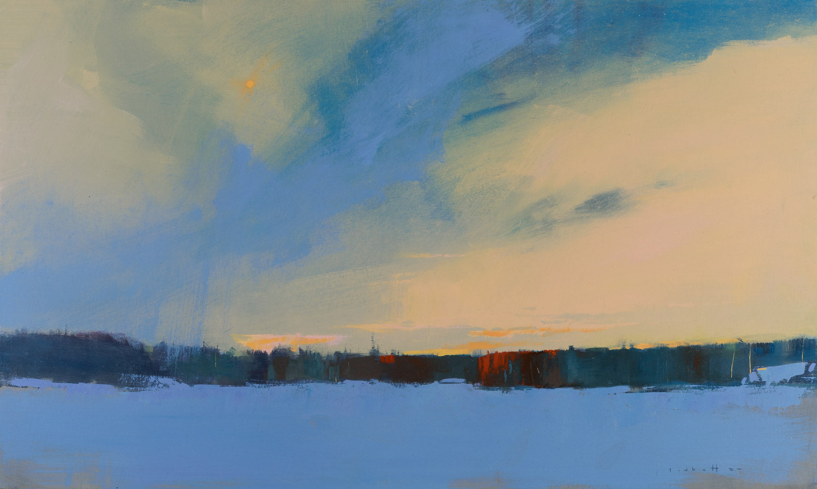 Painting of a landscape with a blue sky and snow-covered ground