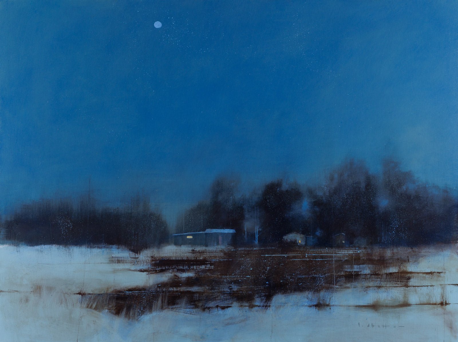 Winter landscape with a house, trees, and a clear blue sky.