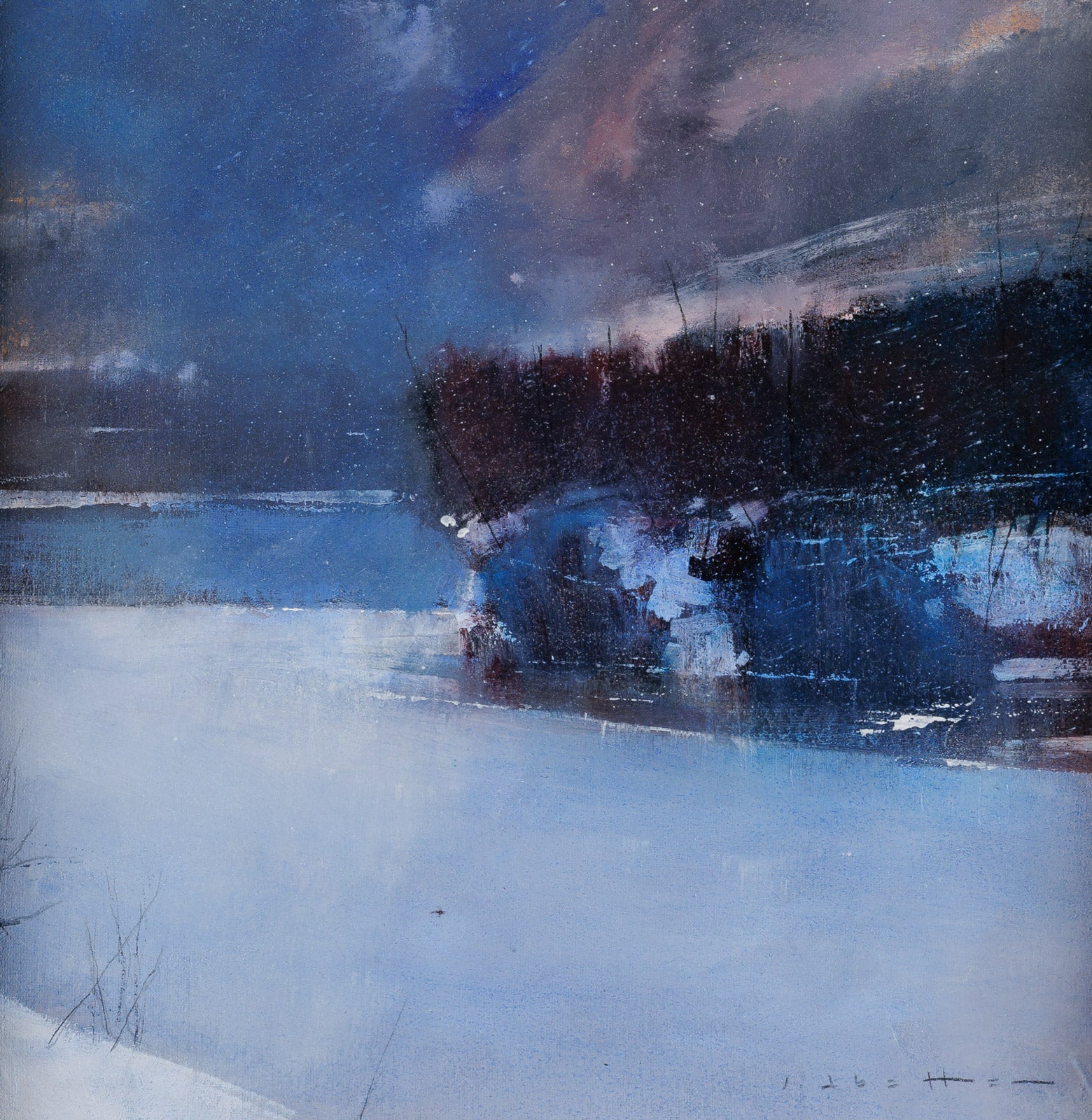 Winter landscape with snow-covered ground and trees, painted in a cold color palette.