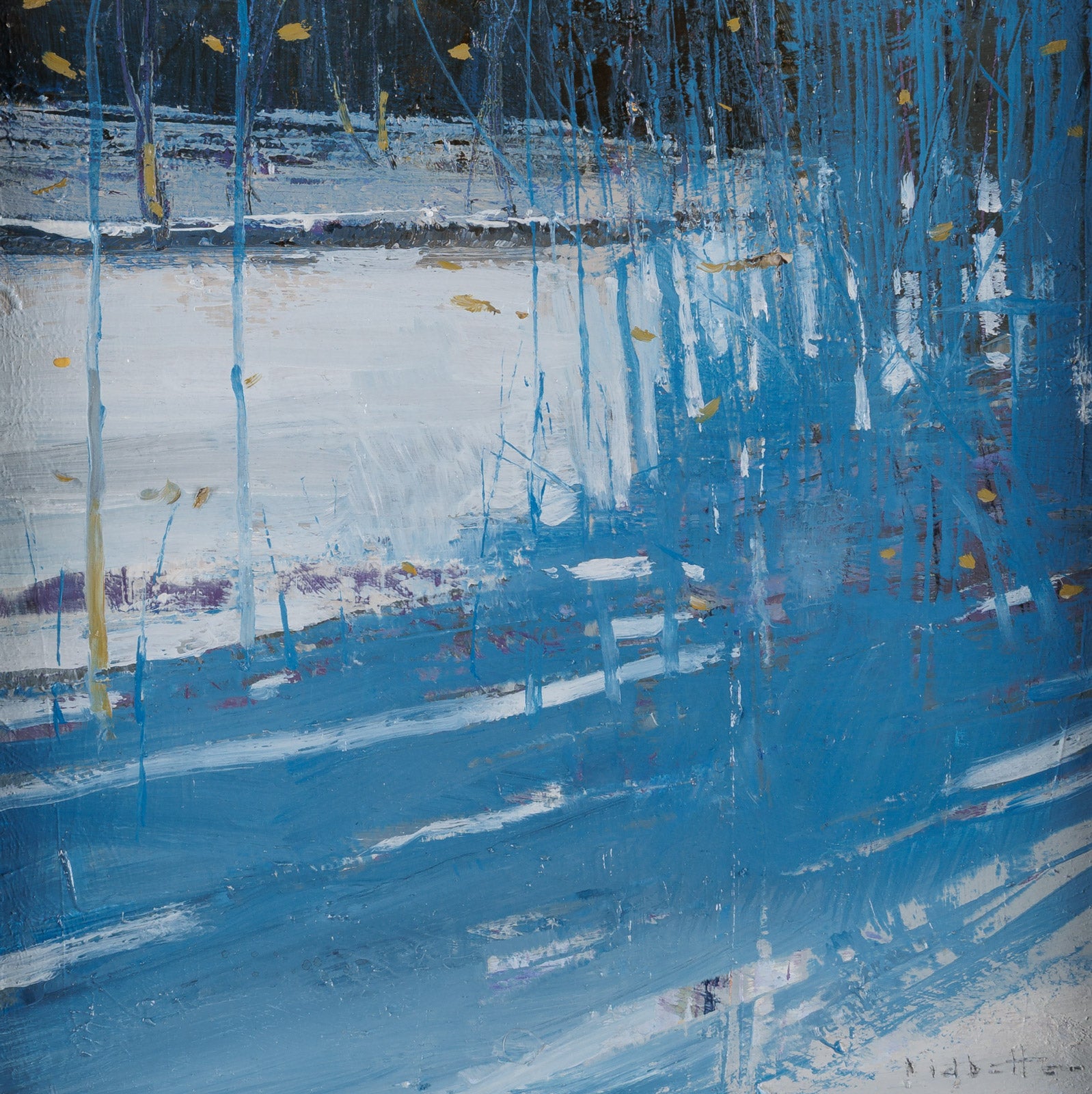 Abstract painting with blue, white, and yellow hues
