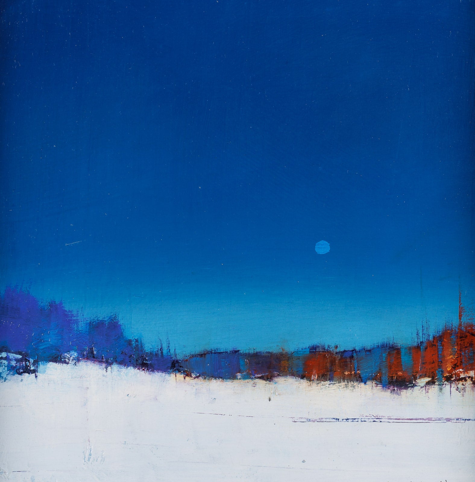 Surreal landscape with a blue sky, snowy ground, and abstract elements.
