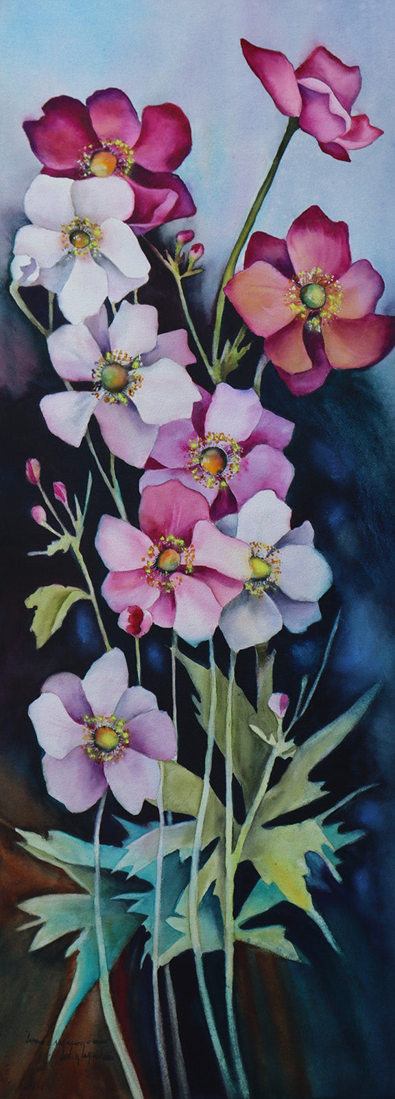 Floral “Japanese Anemones At Dusk” by Janick Lorion – watercolour on paper.