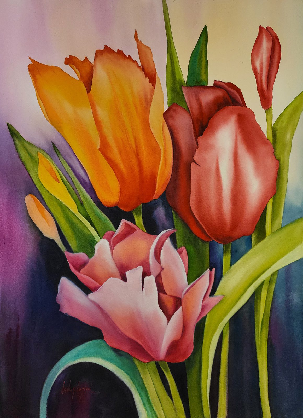 Floral “Tulip Melody” by Janick Lorion – watercolour on paper.