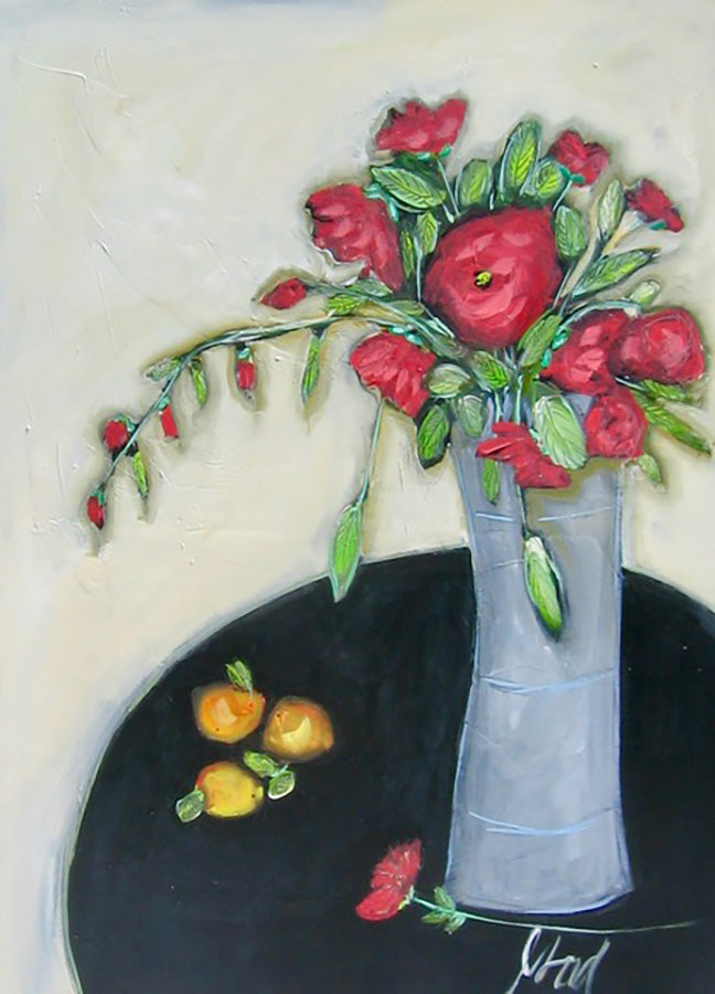 Floral “Fleurs Rouge Et Table Noir” by Josee Lord – acrylic on canvas.