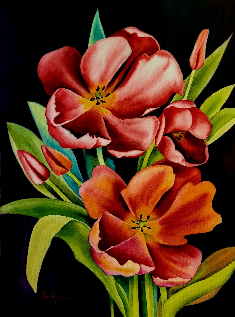 Floral “Crimson Conversation” by Janick Lorion – watercolour on paper.