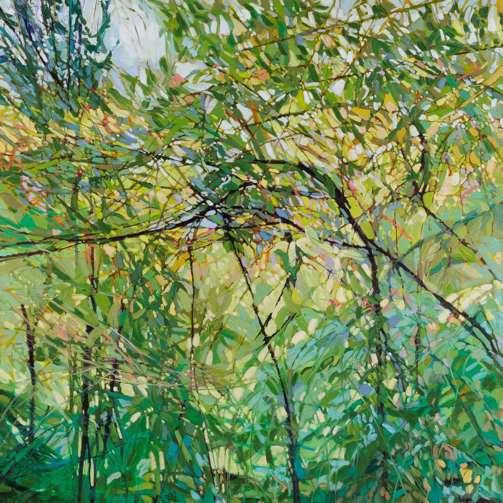 Lori Ridgeway, "Summer Time & The Living Is Easy," oil on canvas, 42 x 42 in., landscape with grasses and trees, framed