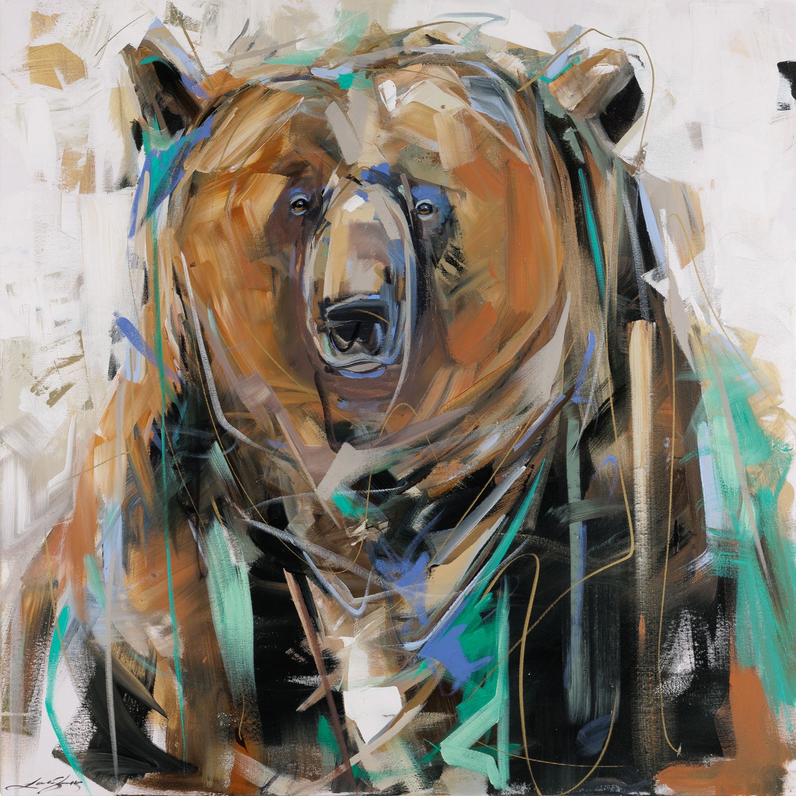 Laura Stevens, "Seafoam," Acrylic on Canvas, 40 x 40 in, Contemporary wildlife painting with brown bear