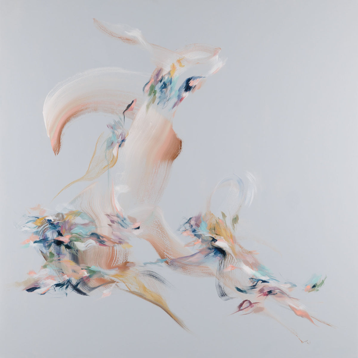 Laura Wood, "Hope Is The Thing With Feathers," mixed media on canvas, 48 x 48 in, abstract mixed media work, unframed canvas