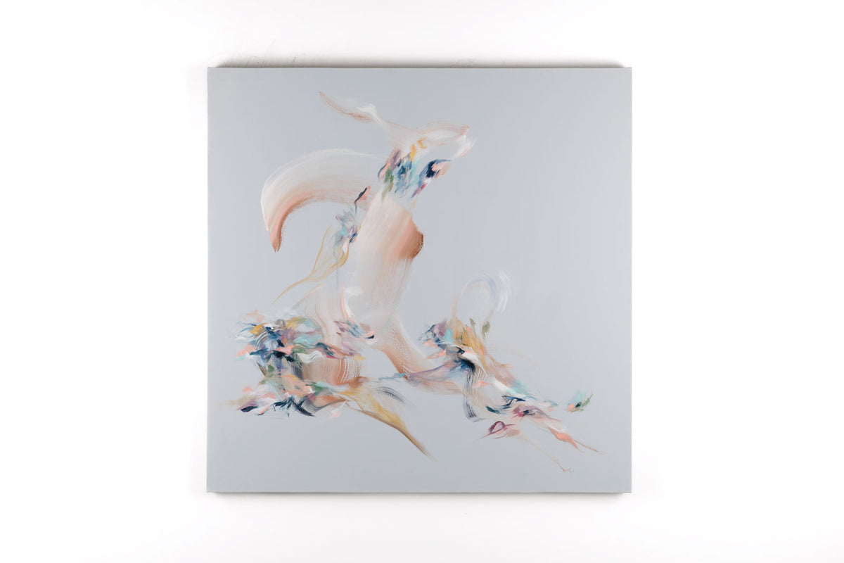 Laura Wood, "Hope Is The Thing With Feathers," full view, mixed media on canvas, 48 x 48 in