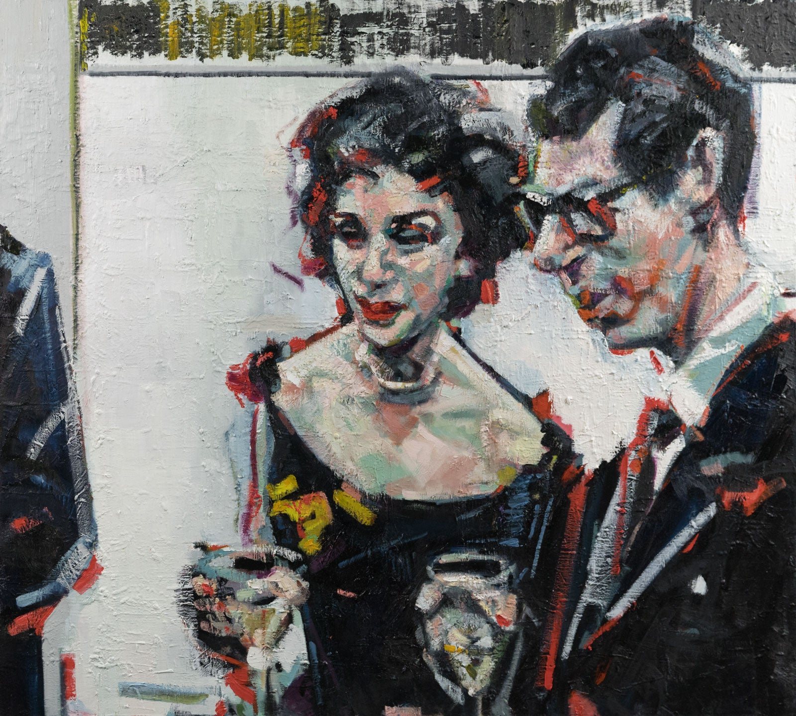 Lorena Ziraldo, "Black Tie & Red Lips," oil on canvas, 54 x 60 in., figurative painting with a man and a woman, unframed
