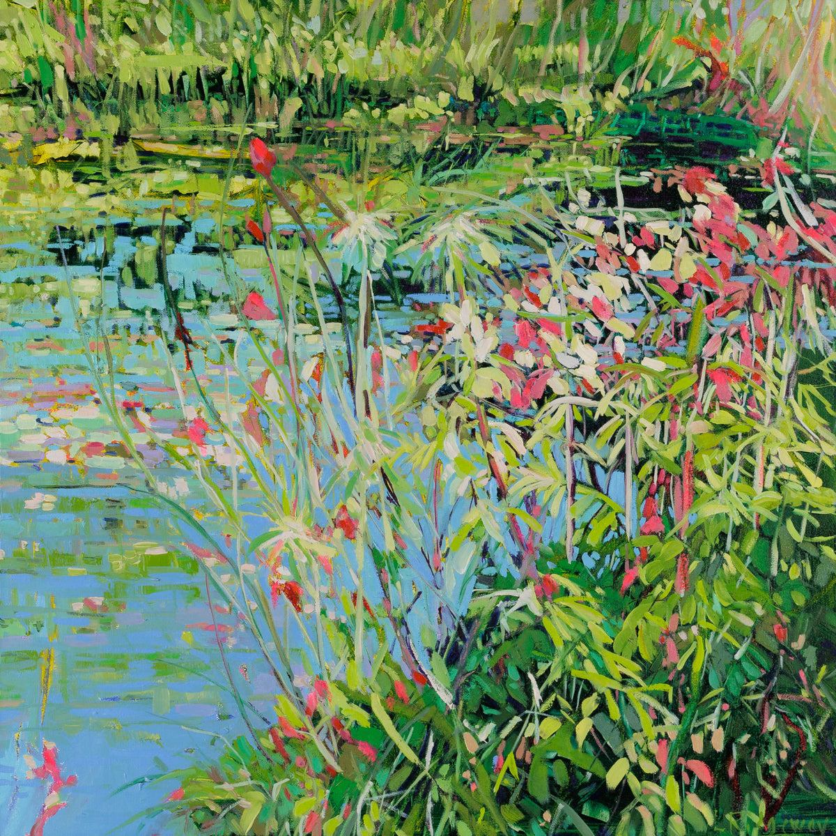 Lori Ridgeway, "Day Trip," oil on canvas, 24 x 24 in, contemporary nature painting with grasses and pond, framed