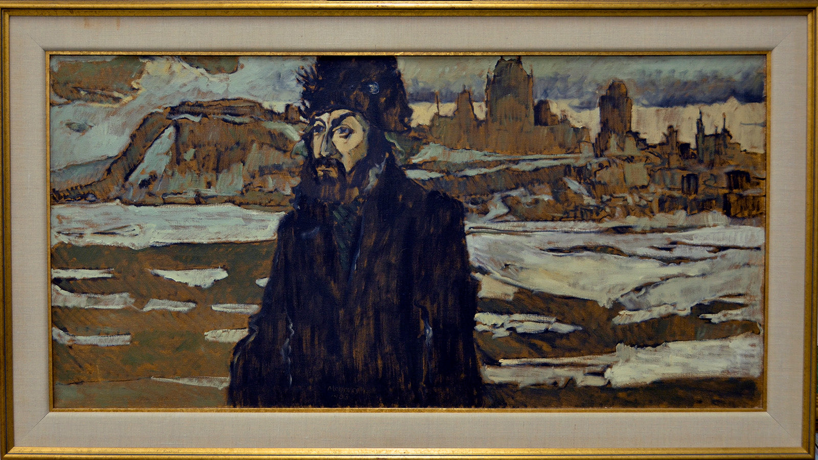 Figurative “Self Portrait With Quebec City” by Robert McInnis – oil on canvas.