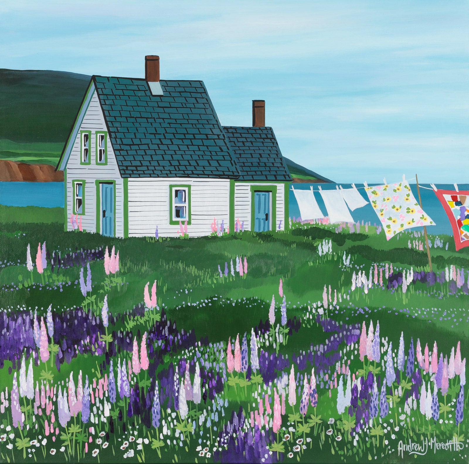 Landscape “Lupines Around The House-Cape Breton” by Andrew Meredith – acrylic on canvas.