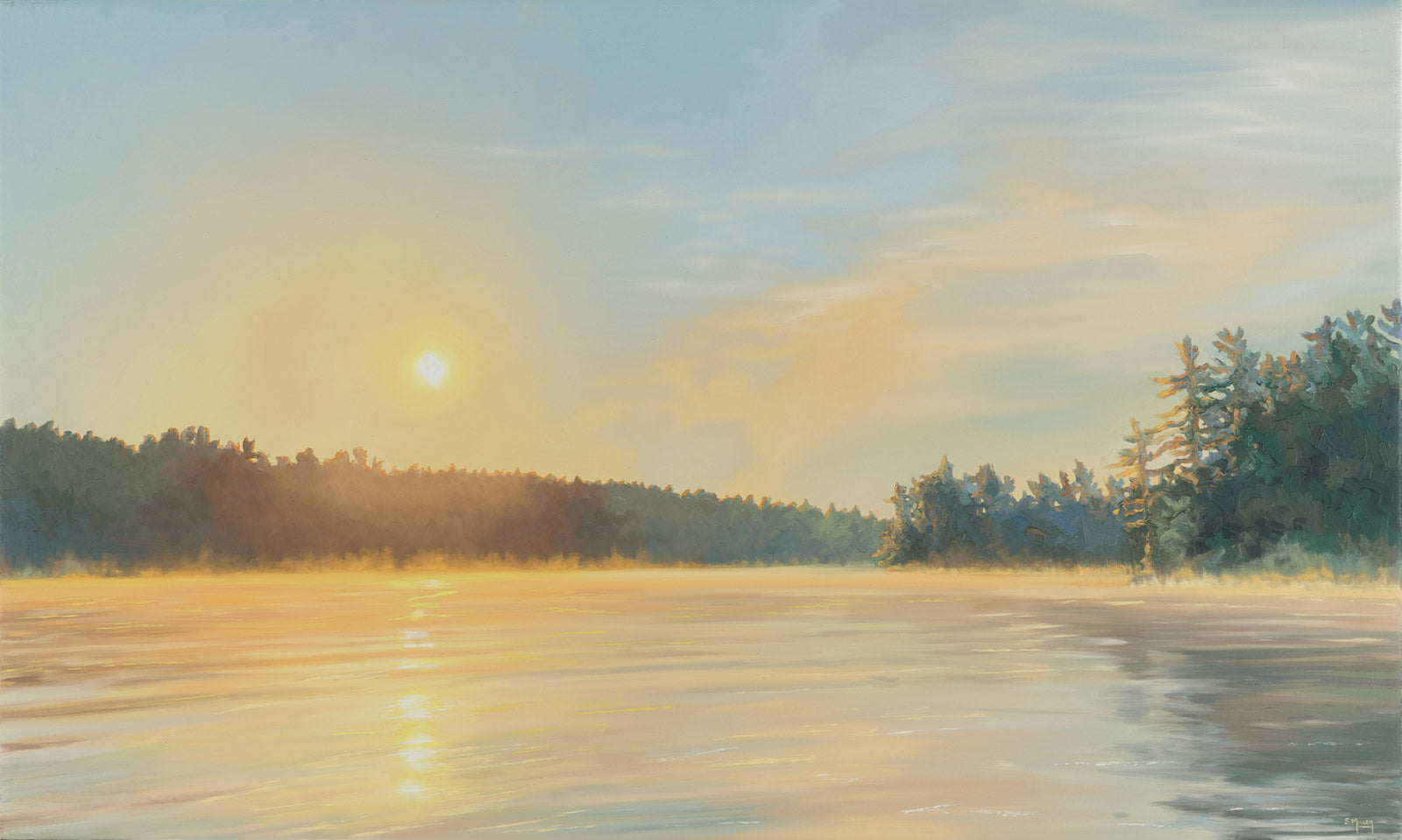 Landscape “Early Stillness” by Sue Miller – mixed media on canvas.