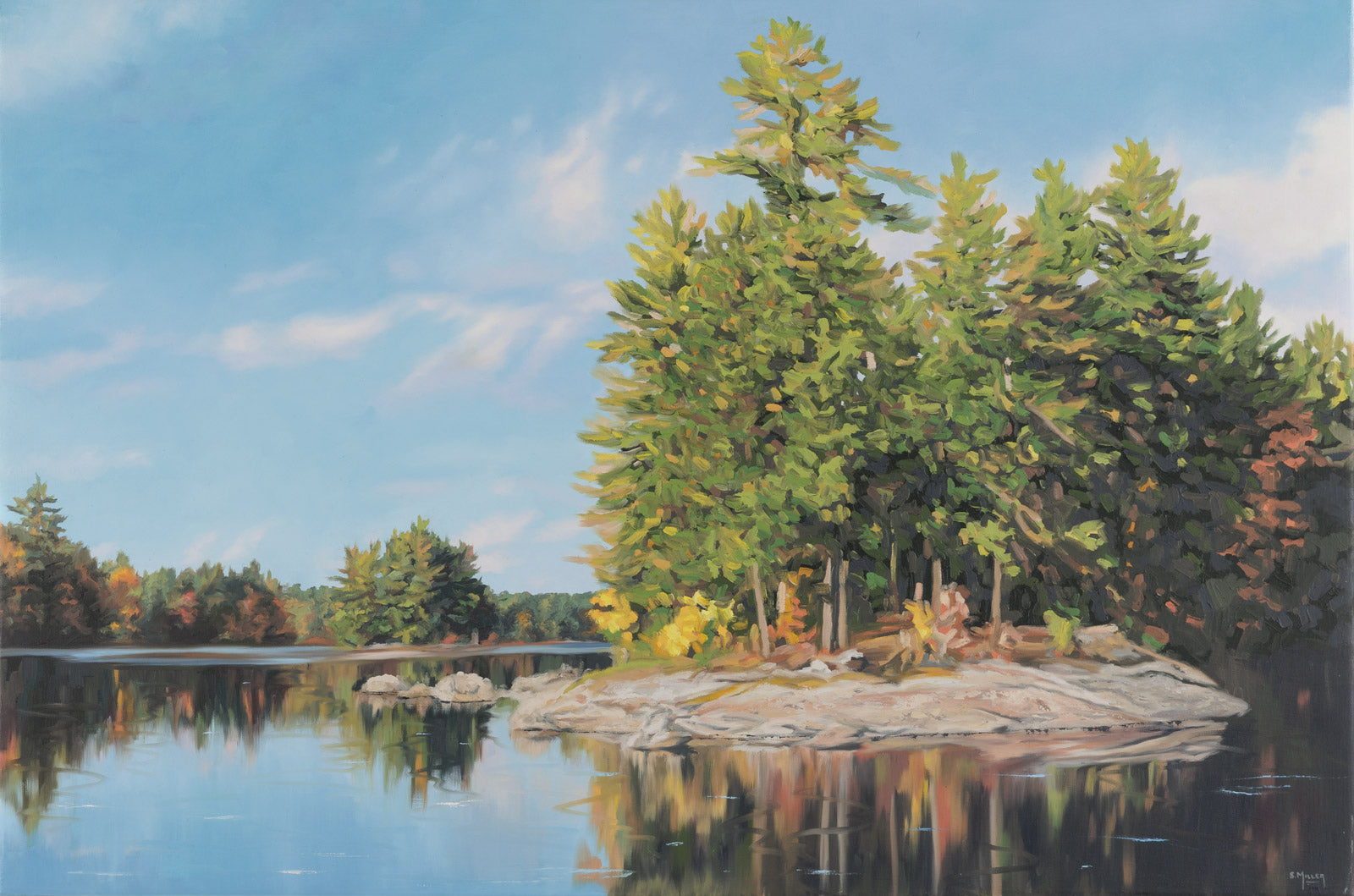Landscape “Quiet Shore” by Sue Miller – mixed media on canvas.