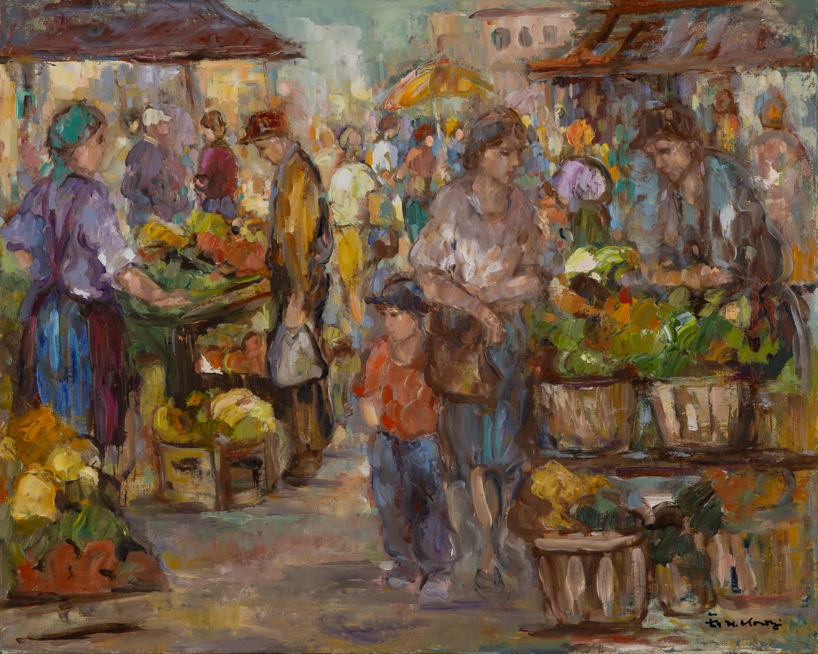 Cityscape “Place Du Marche” by Eva Mosonyi – oil on canvas.
