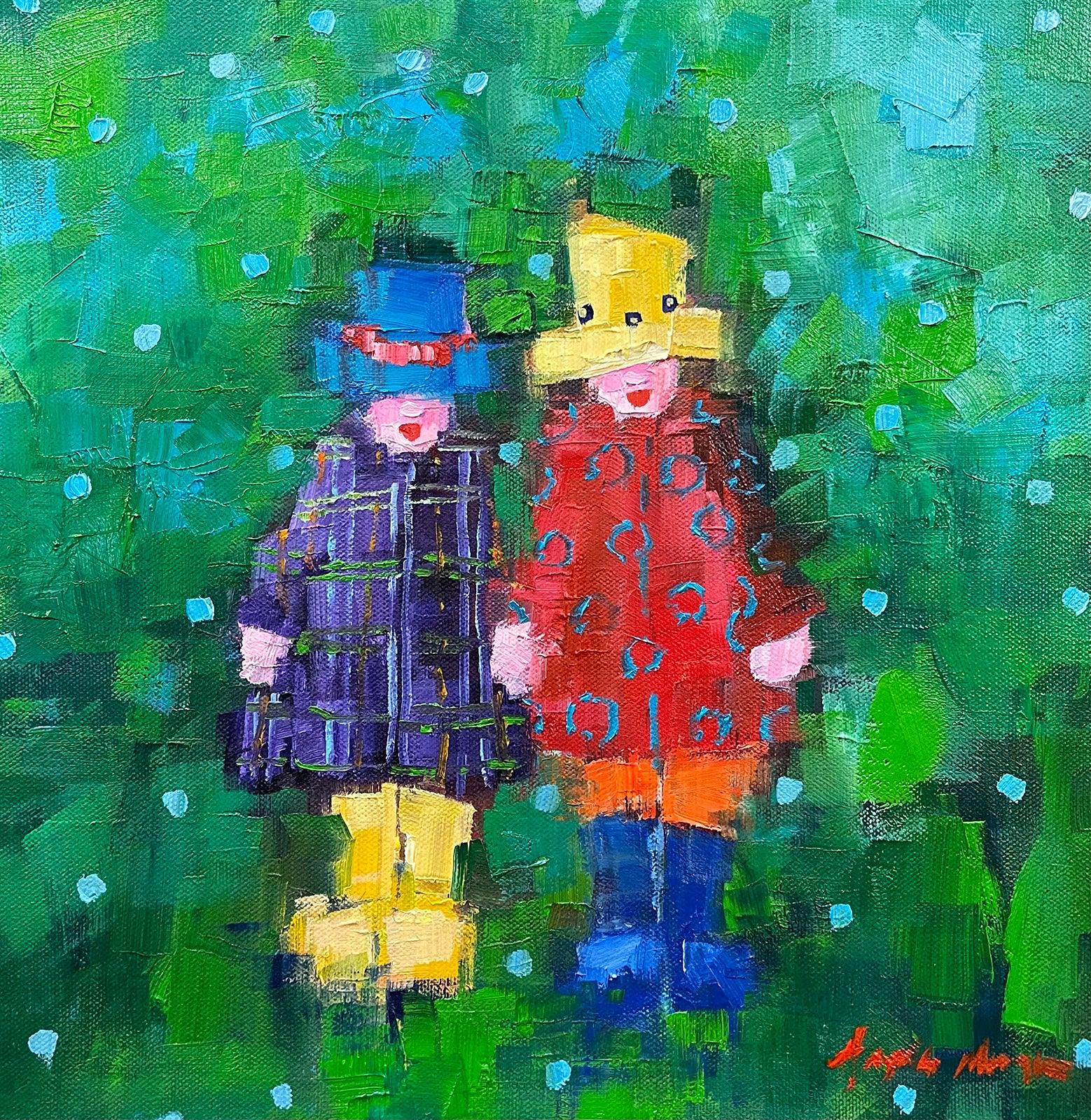 Figurative “Better Bring Boots” by Angela Morgan – oil on canvas.
