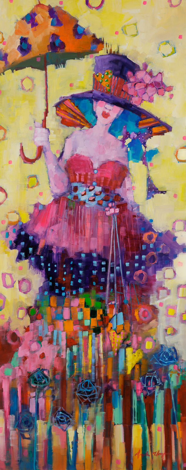 Figurative “Buttoned Down; Bouncing Back” by Angela Morgan – oil on canvas.
