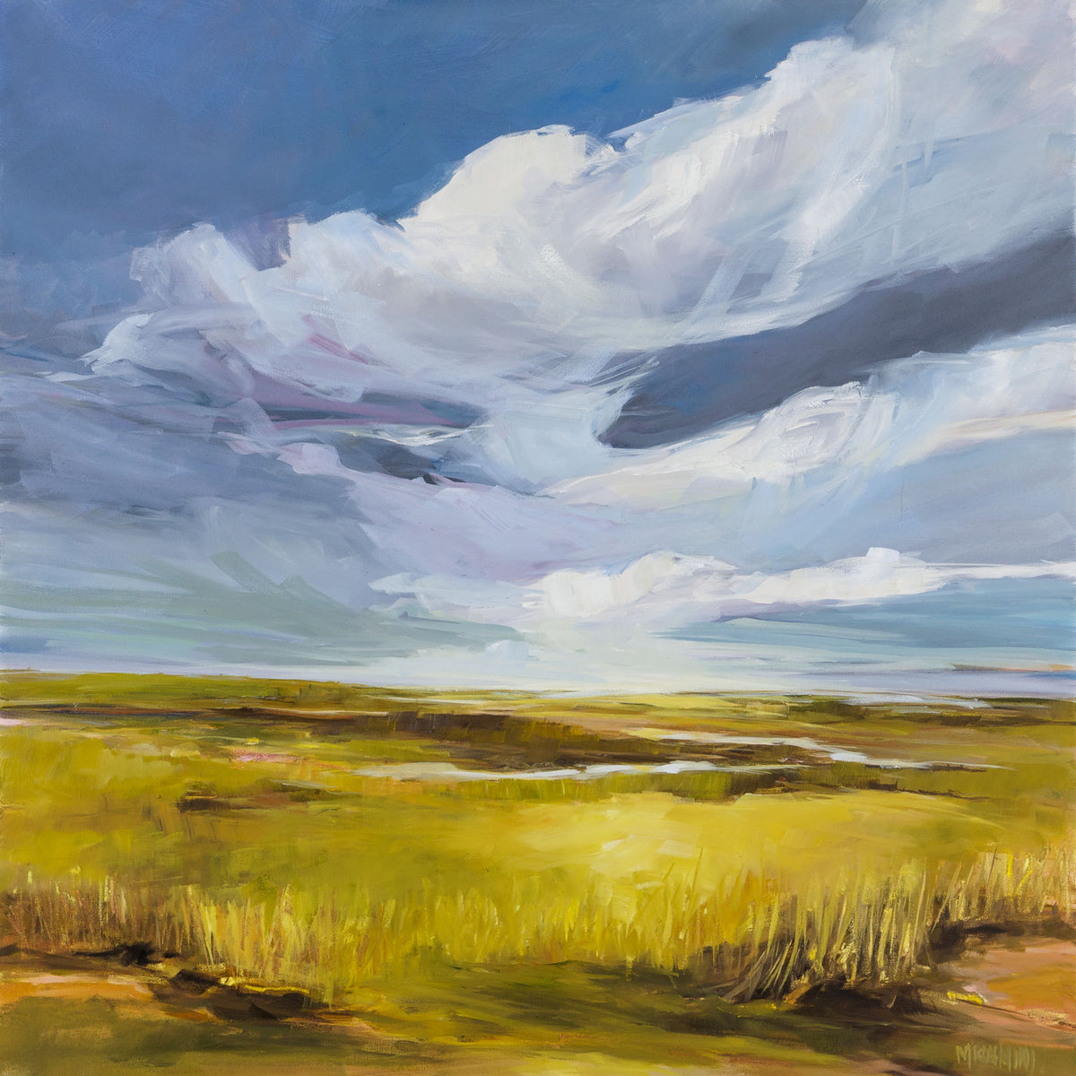 Martha Kokkinos, "September Sky," oil on canvas, 36 x 36 in, contemporary landscape painting, unframed canvas