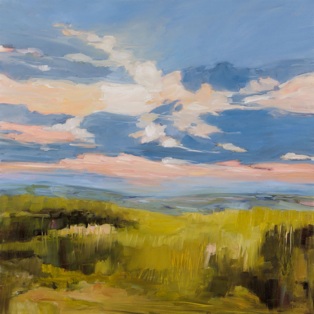 Martha Kokkinos, "A Break in the Clouds," oil on canvas, 36 x 36 in, contemporary landscape painting, unframed canvas