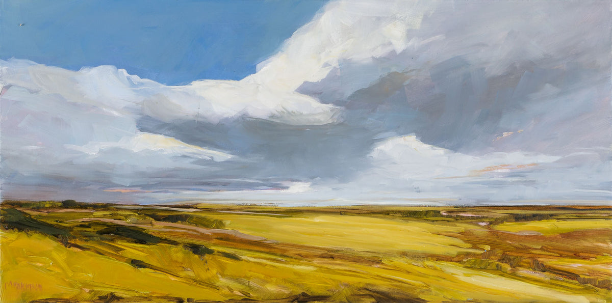 Martha Kokkinos, "September Gold," oil on canvas, 15 x 30 in, contemporary landscape painting, unframed canvas
