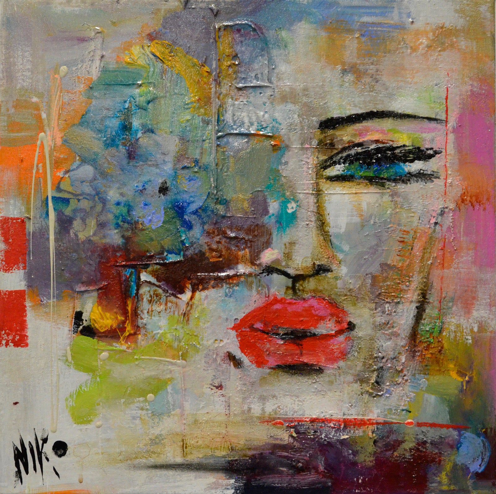 Figurative “Back Stage Queen” by Niko – mixed media on canvas.