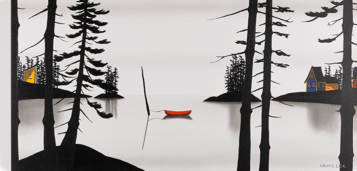 Natasha Miller, "Tucked Away Bay," acrylic & charcoal on canvas, 24 x 48 in, contemporary landscape mixed media work, unframed canvas