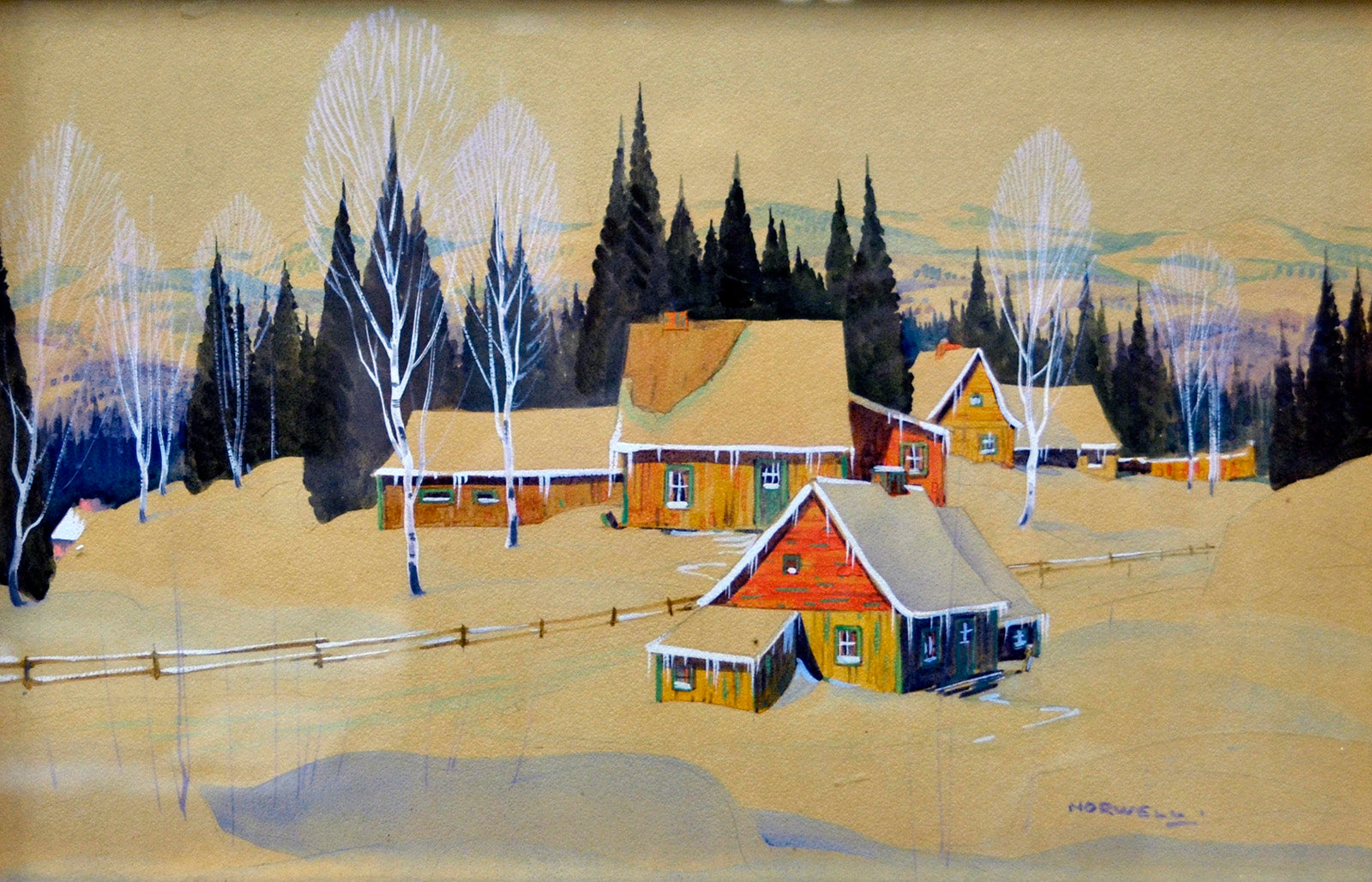 Landscape “Winter Outbuildings” by Graham Norwell – watercolour on paper.