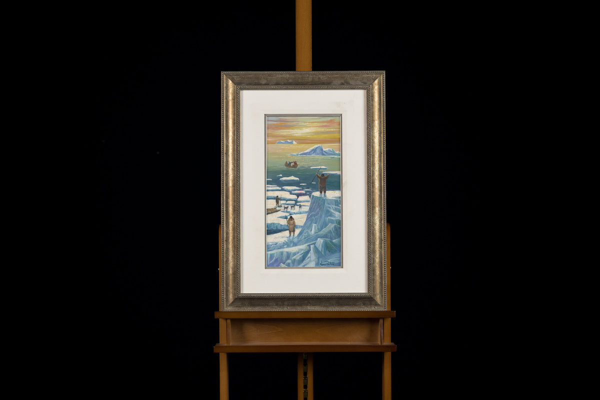 Nori Peter, "Return Of The Fishermen," oil on panel, 18 x 9 in, Native-Canadian figurative landscape, framed