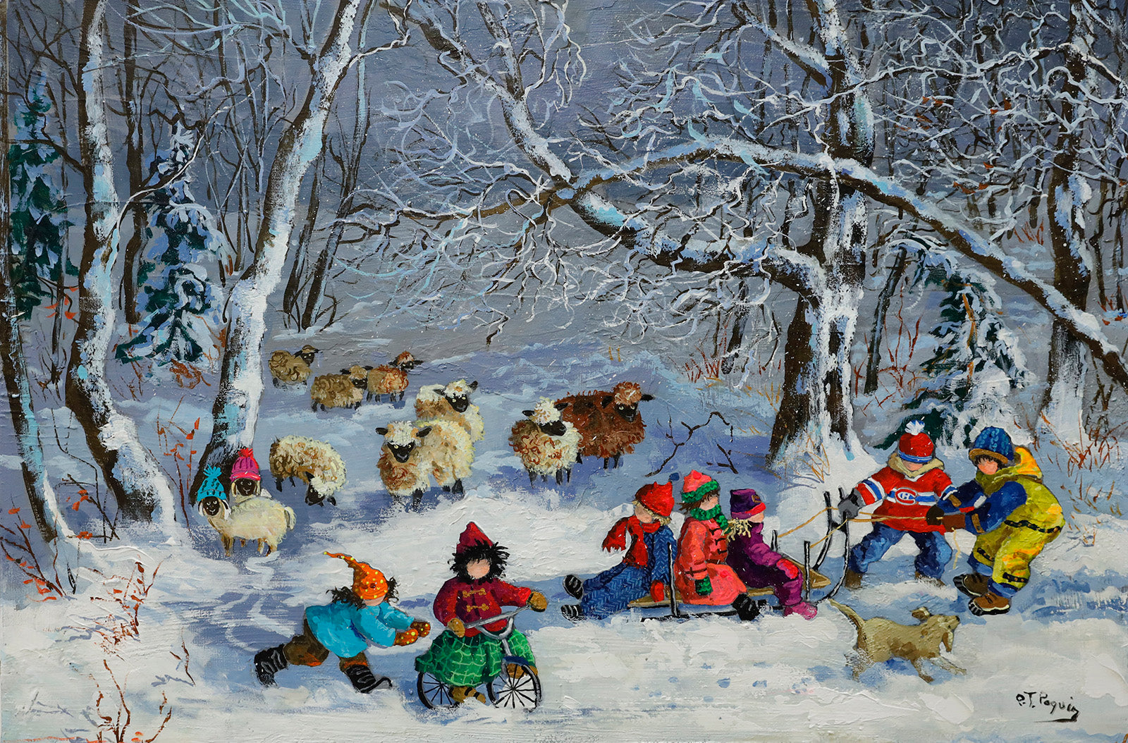 Children “La Laine Du Quebec” by Pauline Paquin – mixed media on canvas.