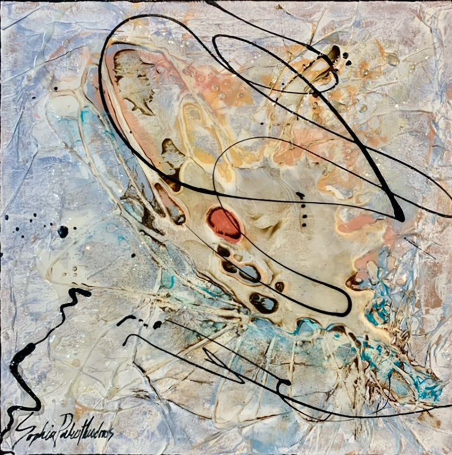 Abstracts “Sharing The Spirit I” by Sophia Paleotheodoros – mixed media and resin on canvas.