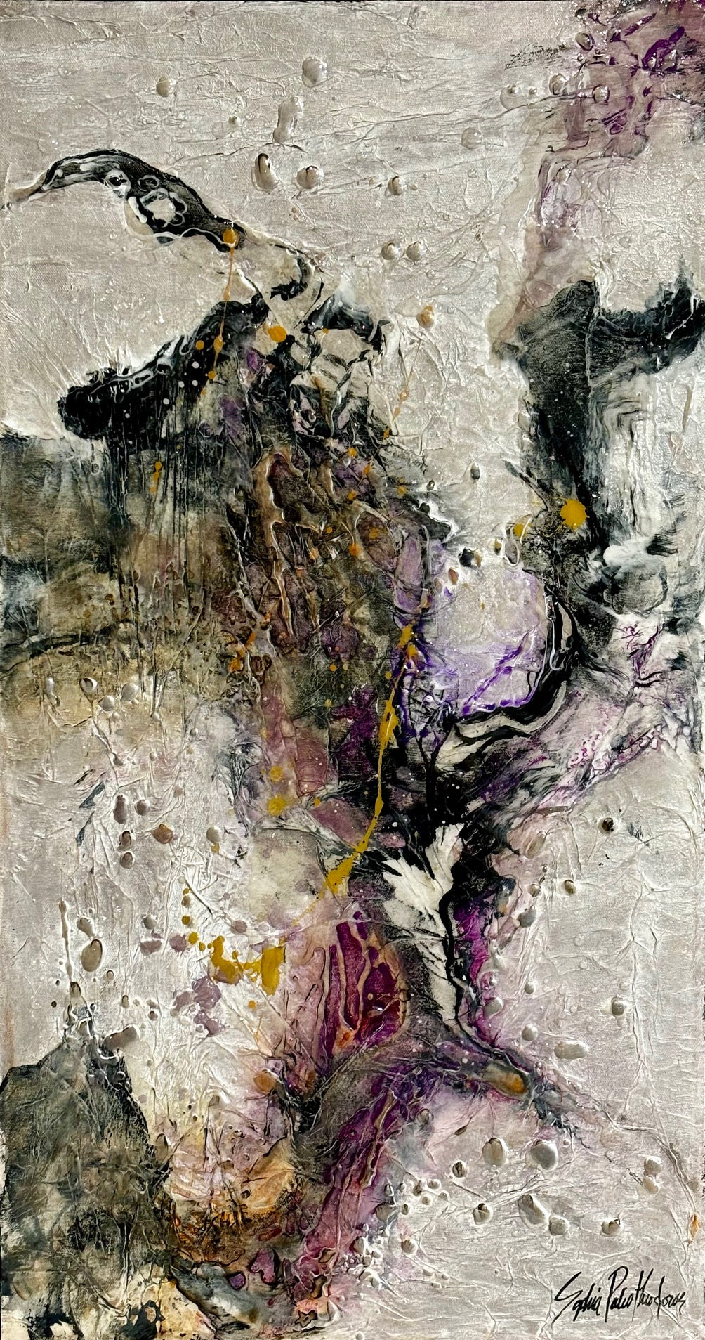 Abstracts “Whispering Words II” by Sophia Paleotheodoros – mixed media and resin on canvas.