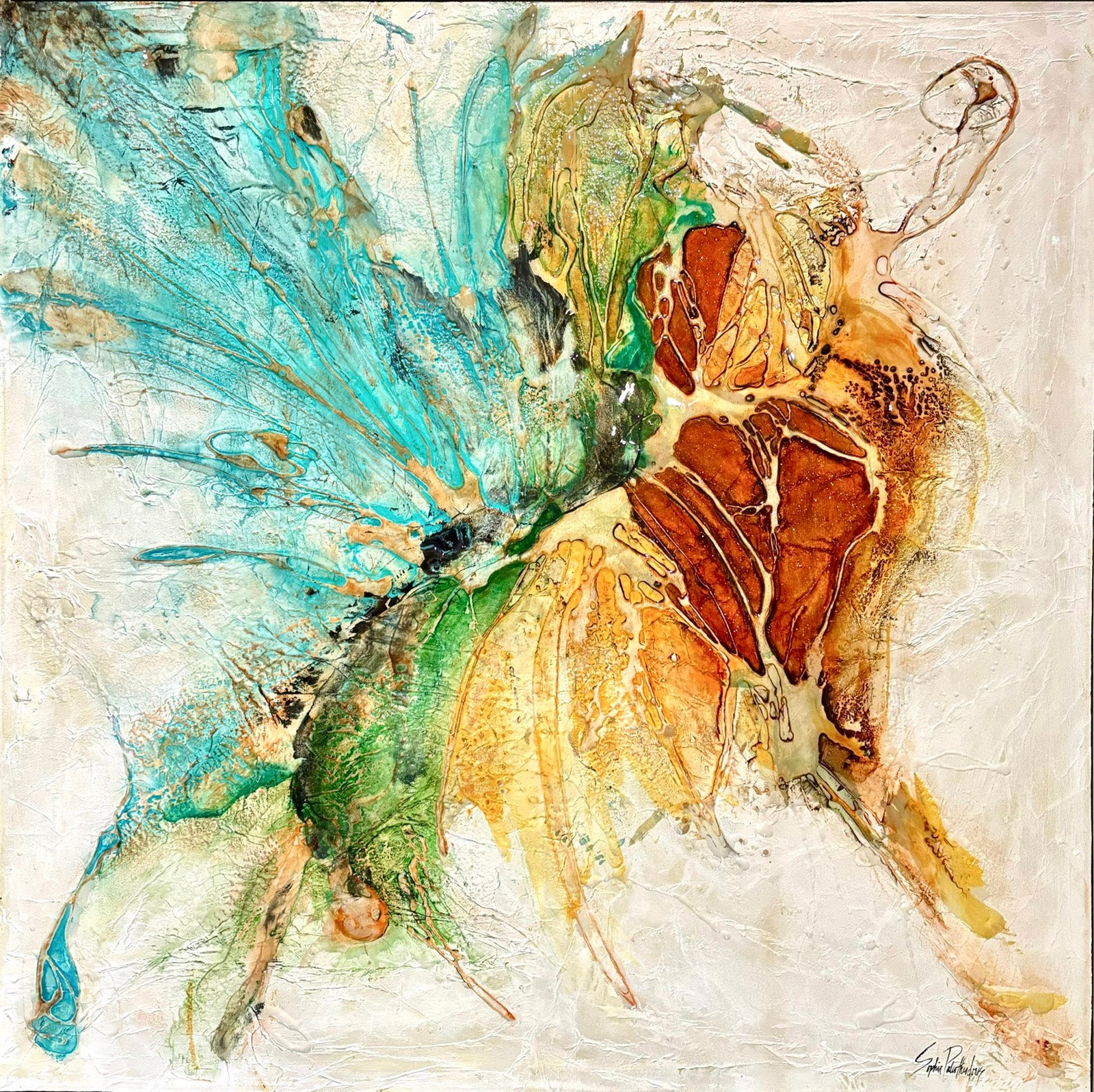 Abstracts “What's All The Buzz?” by Sophia Paleotheodoros – mixed media and resin on canvas.