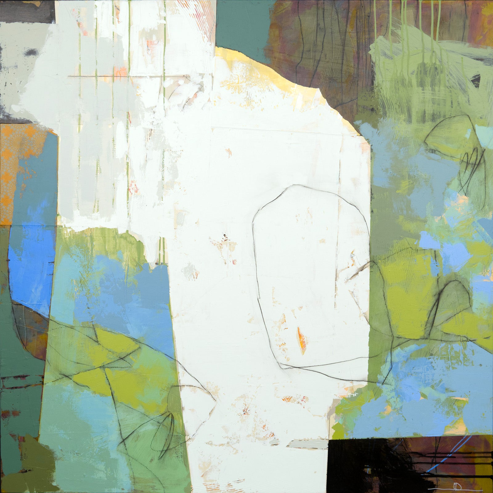 Abstracts “The Statue” by Jacques Pilon – mixed media on panel.