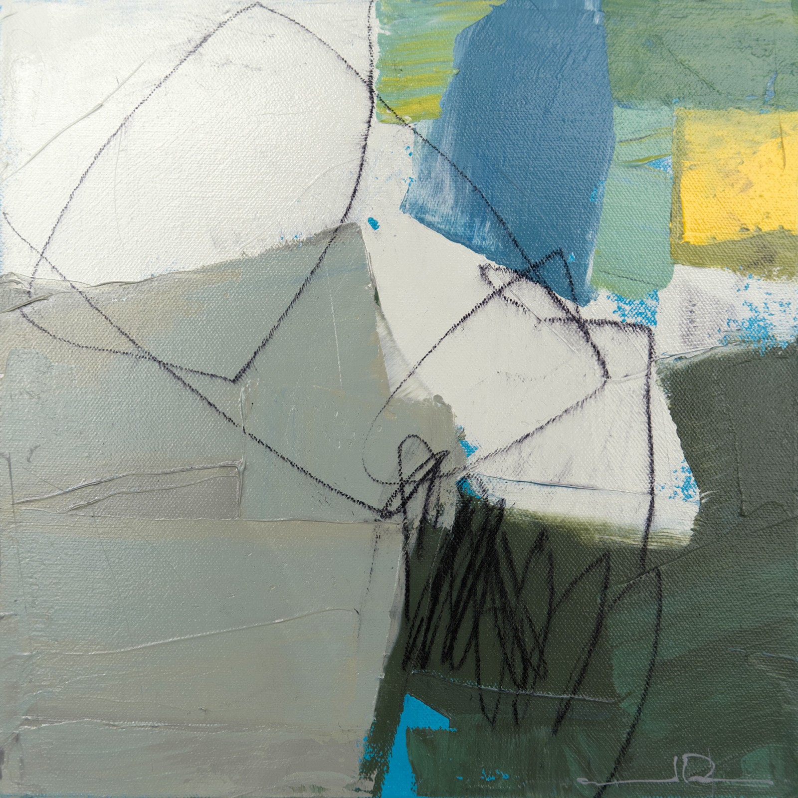 Abstracts “Blue Emerald I” by Jacques Pilon – mixed media on panel.