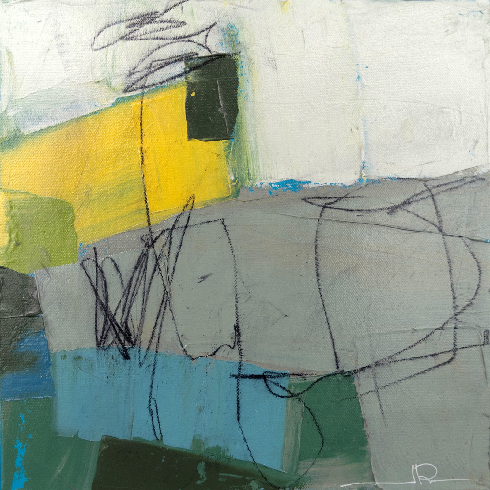 Abstracts “Blue Emerald III” by Jacques Pilon – mixed media on panel.