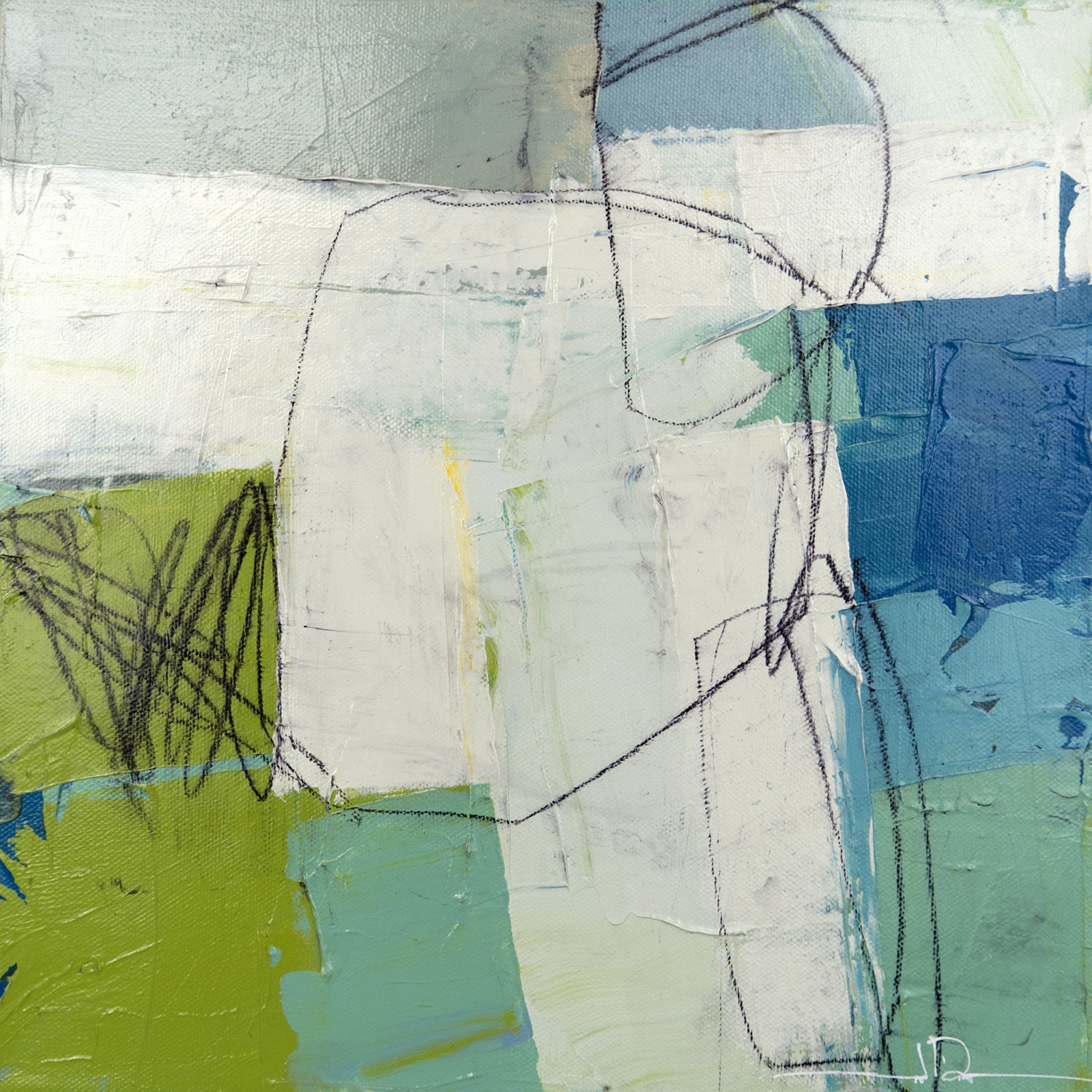 Abstracts “Blue Emerald IV” by Jacques Pilon – mixed media on panel.
