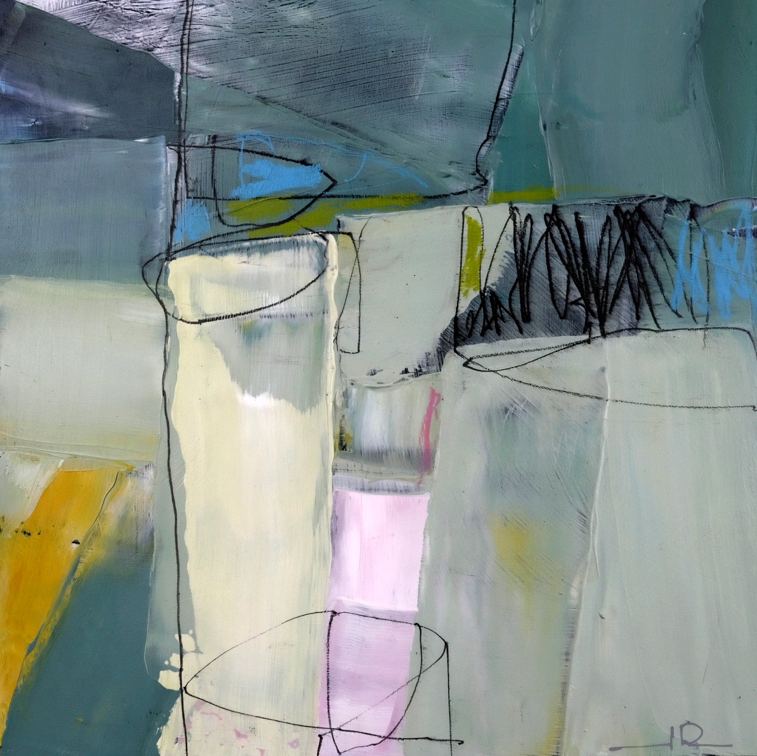 Abstracts “Still Life” by Jacques Pilon – mixed media on panel.
