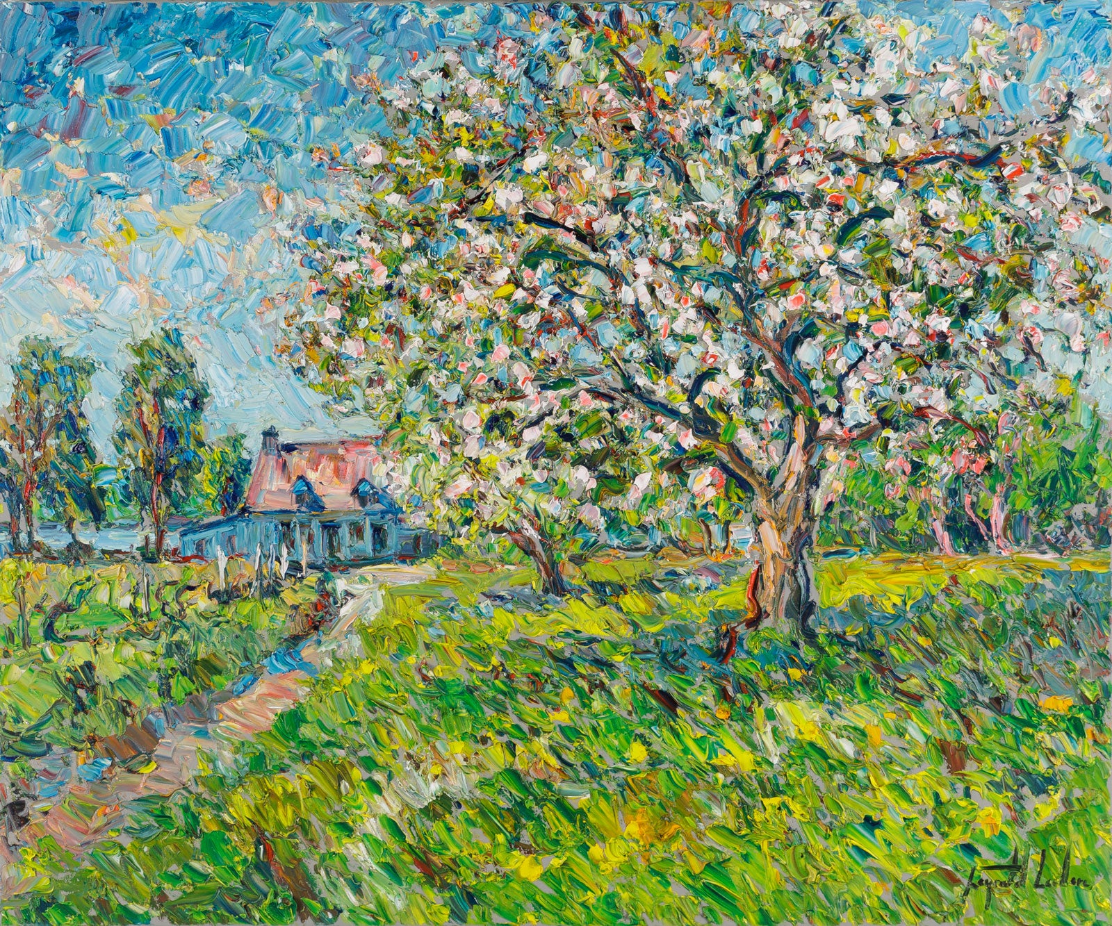 Raynald Leclerc, "Le Verger De l'Ile De Bacchus," oil on canvas, 30 x 36 in., orchard landscape on Île de Bacchus, framed