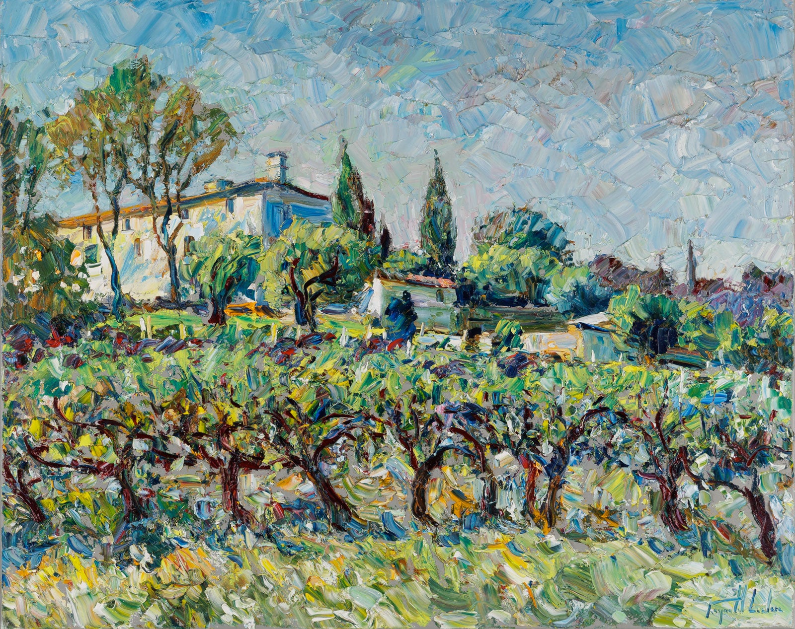 Raynald Leclerc, "Les Vignes Du Domaine Souviou Provence," oil on canvas, 24 x 30 in., vineyard landscape in Provence, framed