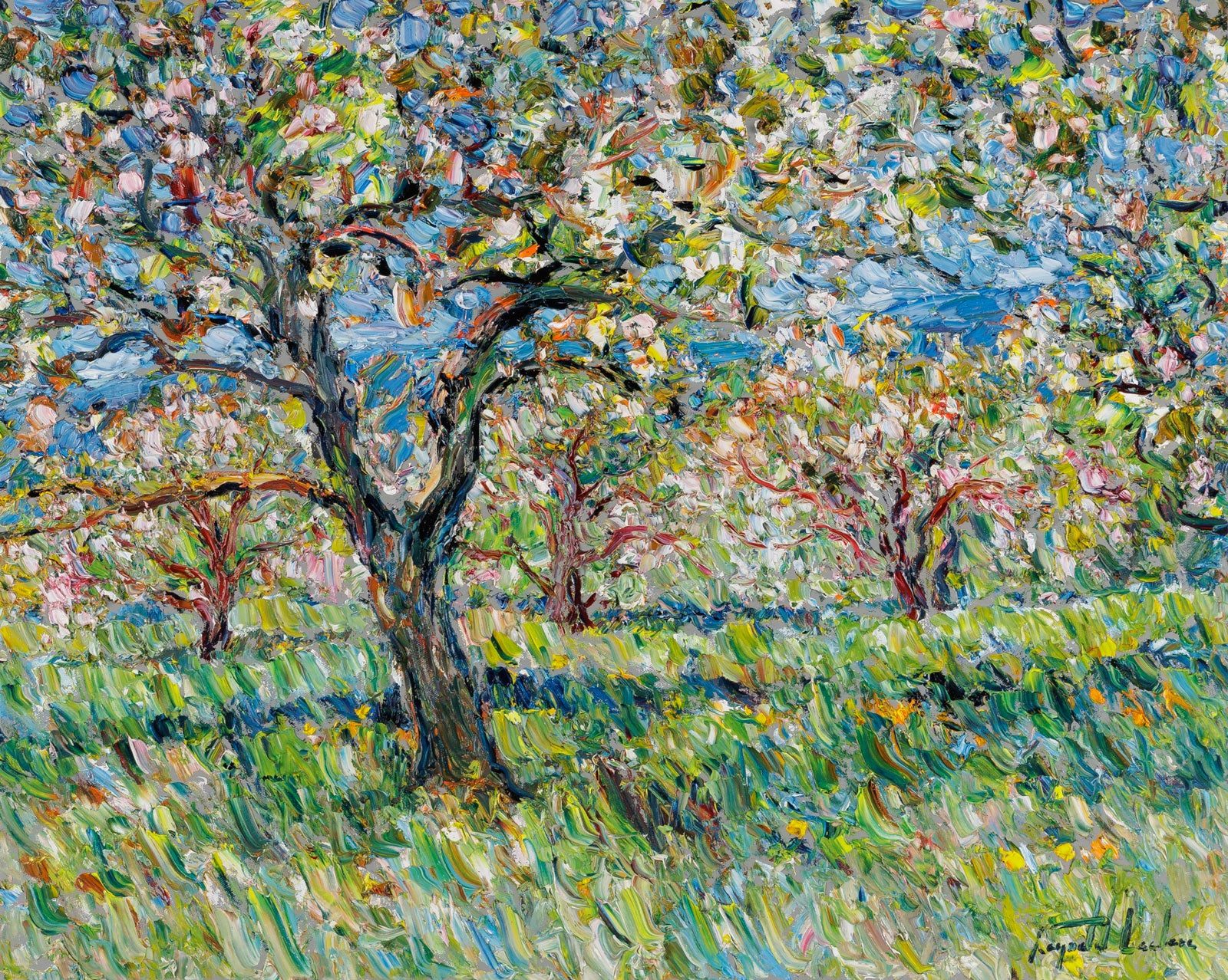 Raynald Leclerc, "Les Pommiers Fleuri," oil on canvas, 24 x 30 in., landscape of flowering apple trees, framed