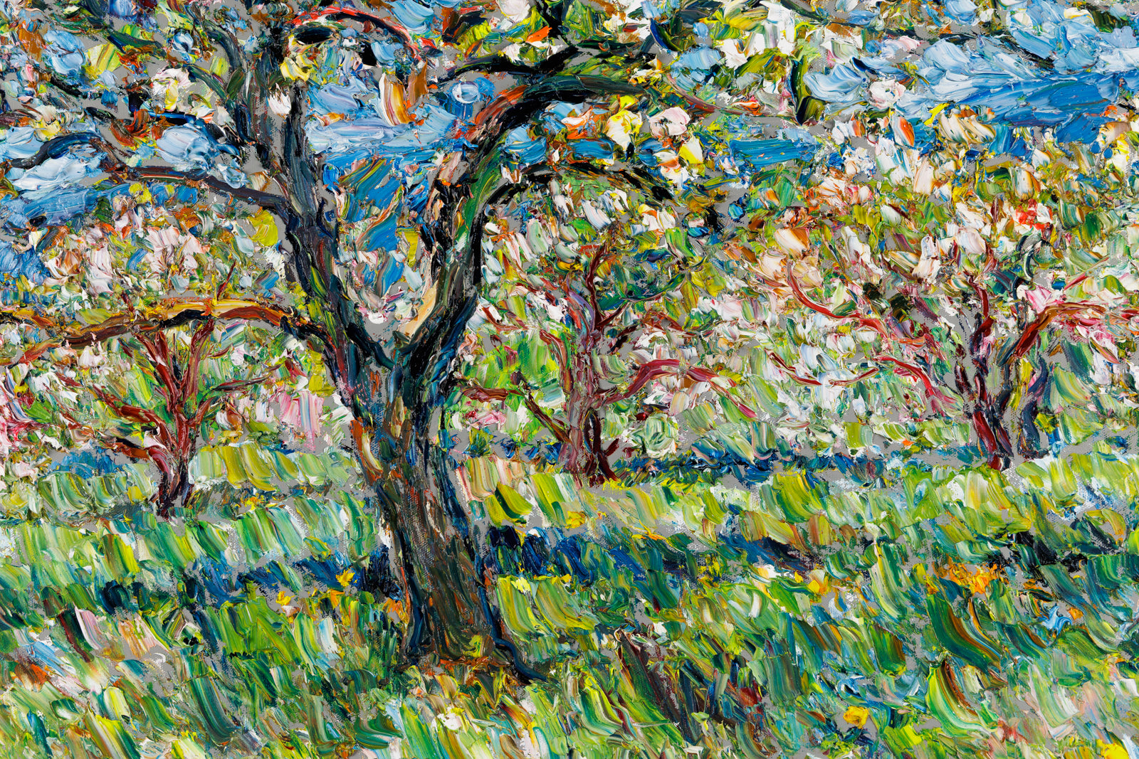 Raynald Leclerc, "Les Pommiers Fleuri," detail view, oil on canvas