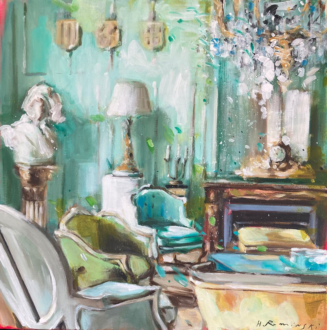 Interiors “Sitting Room With Classical Bust” by Hanna Ruminski – acrylic on canvas.