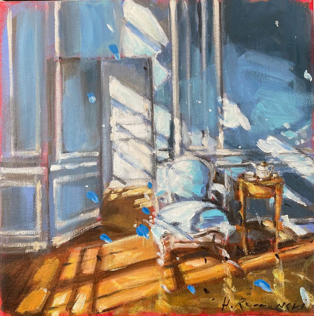 Interiors “French Interior In Blue Light” by Hanna Ruminski – acrylic on canvas.