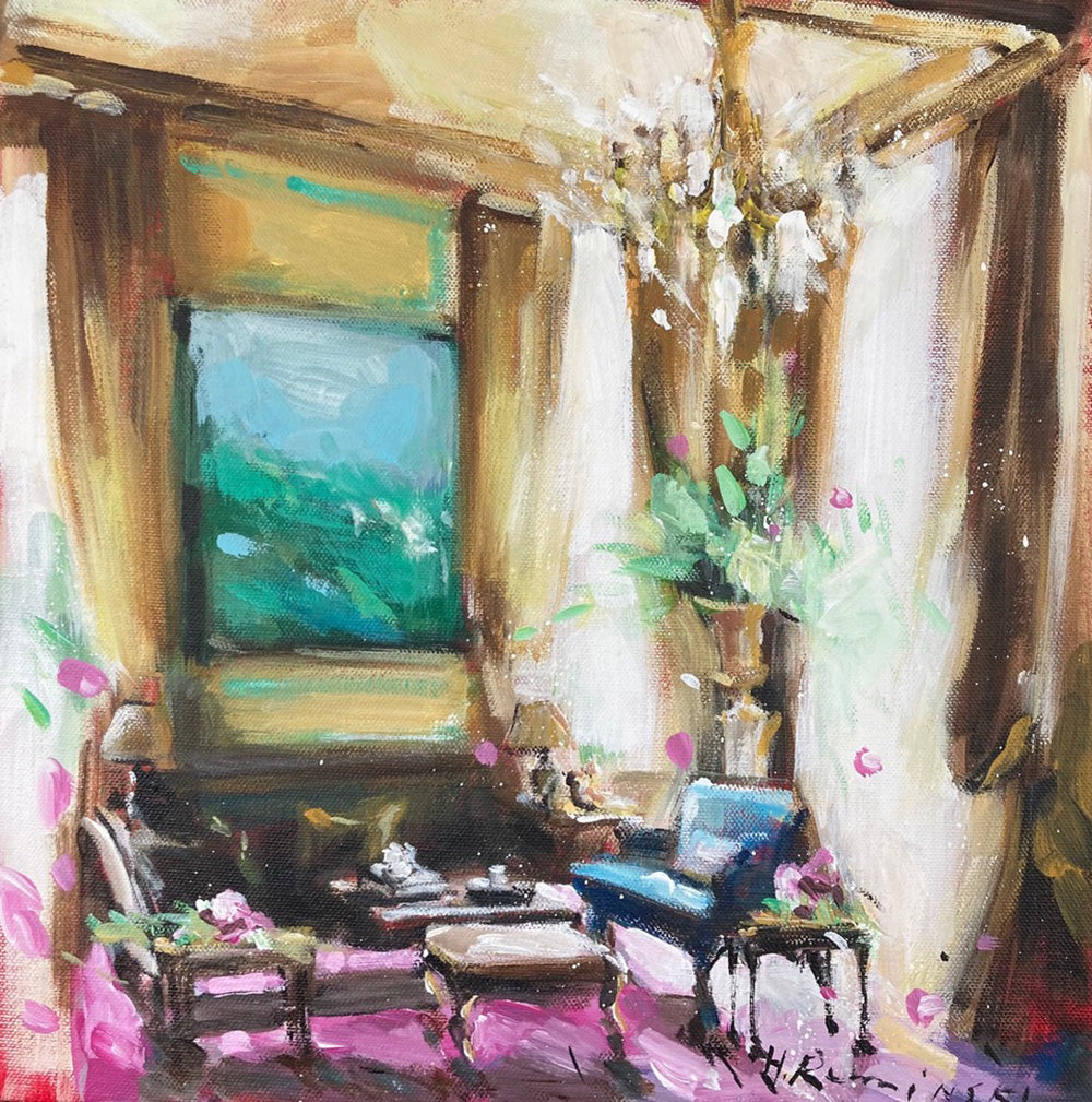 Interiors “Room With Rose Carpet” by Hanna Ruminski – acrylic on canvas.