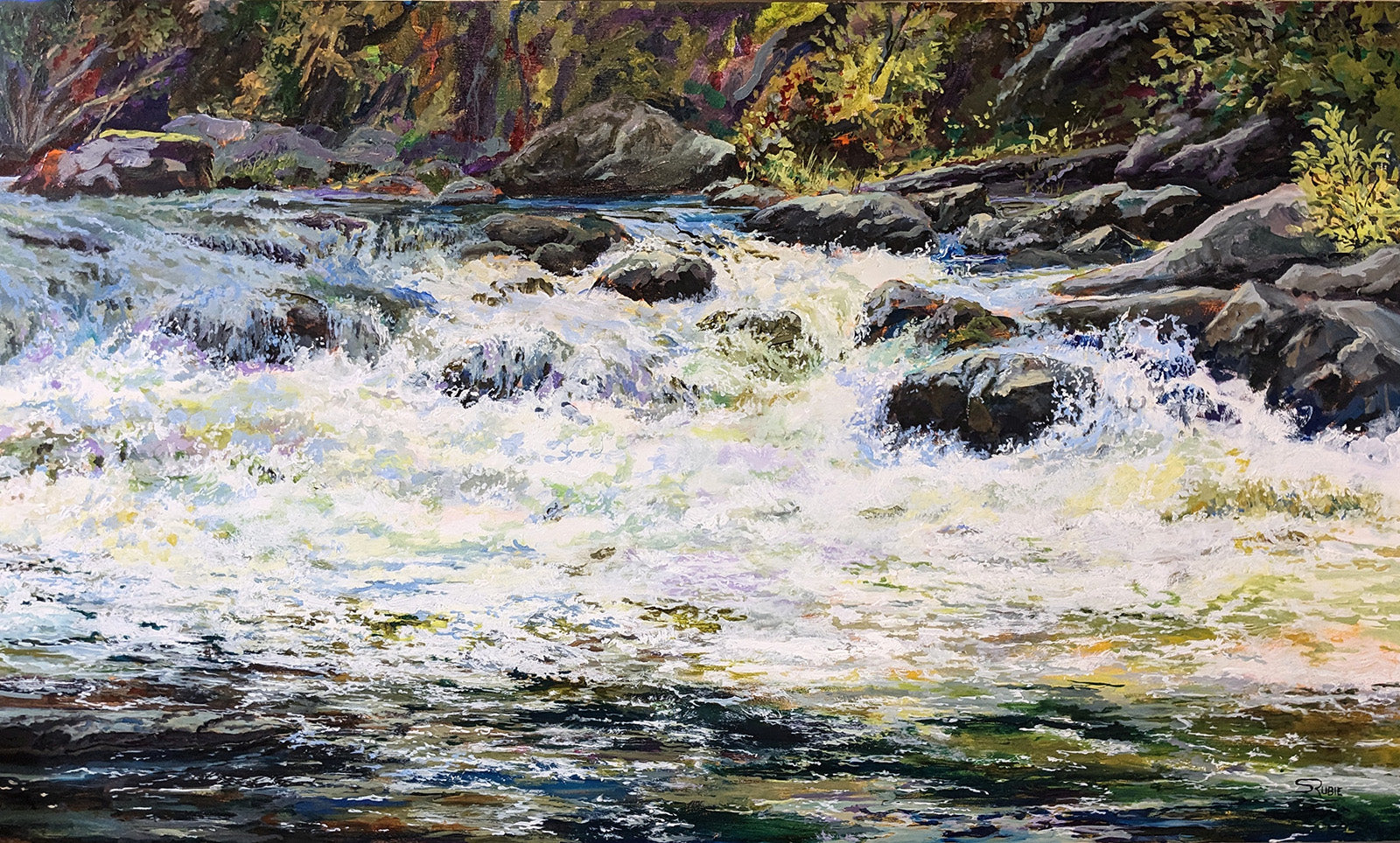 Landscape “Wild Waters, Gull River” by Scott Rubie – acrylic on panel.
