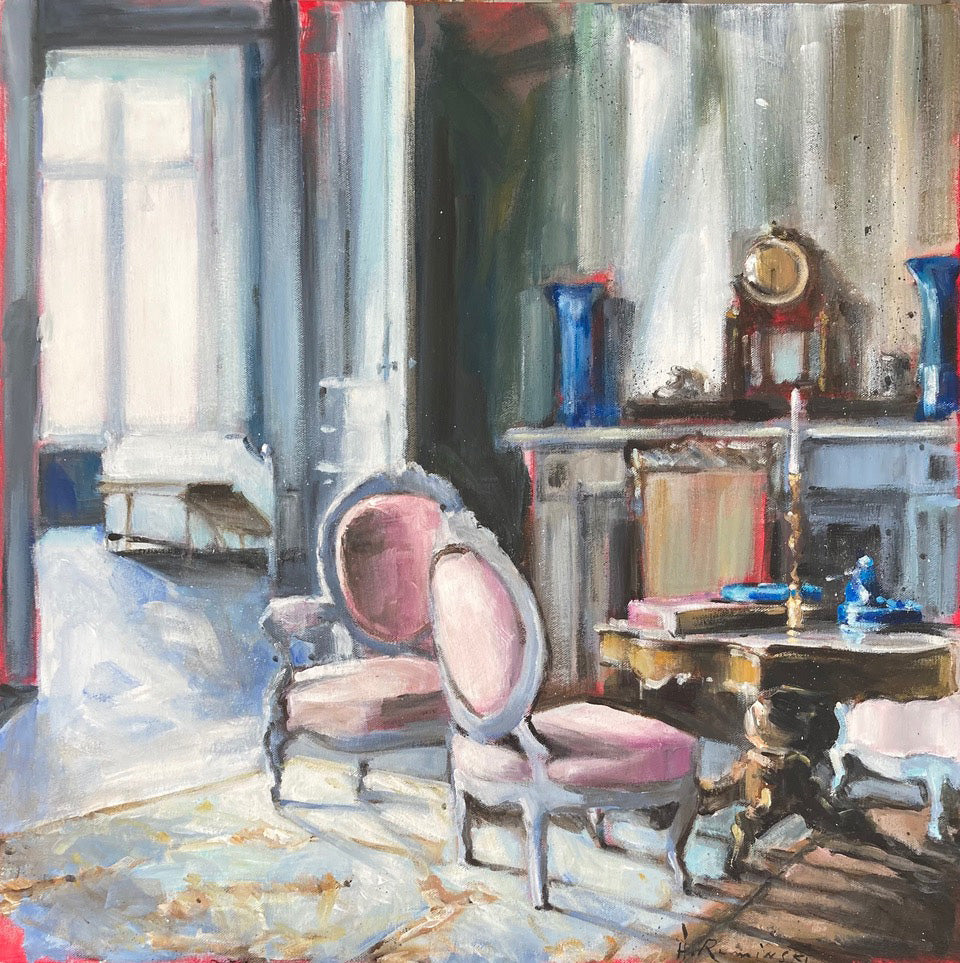 Interiors “Room With Pink Armchairs” by Hanna Ruminski – acrylic on canvas.