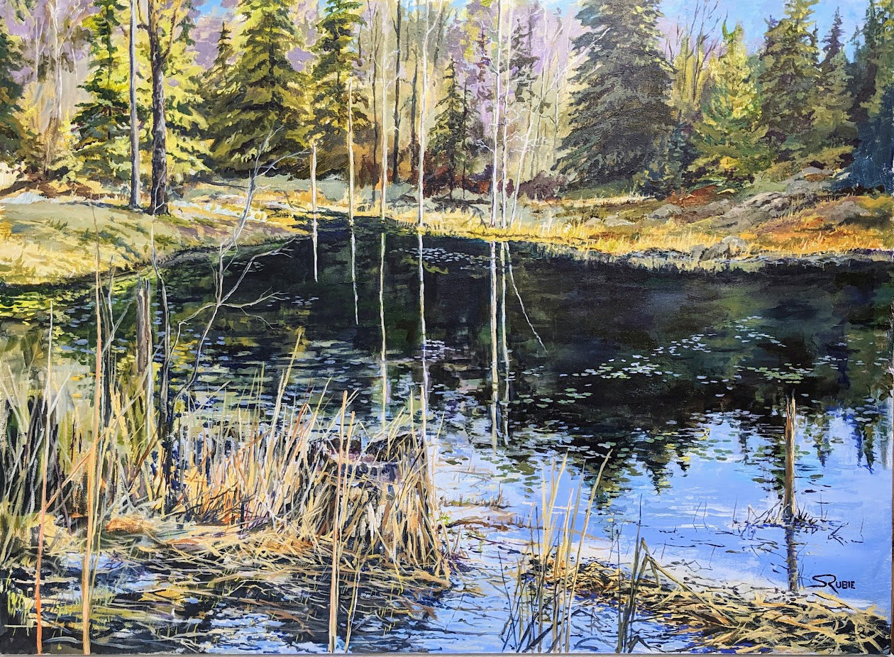 Landscape “Pond Reflections” by Scott Rubie – acrylic on canvas.